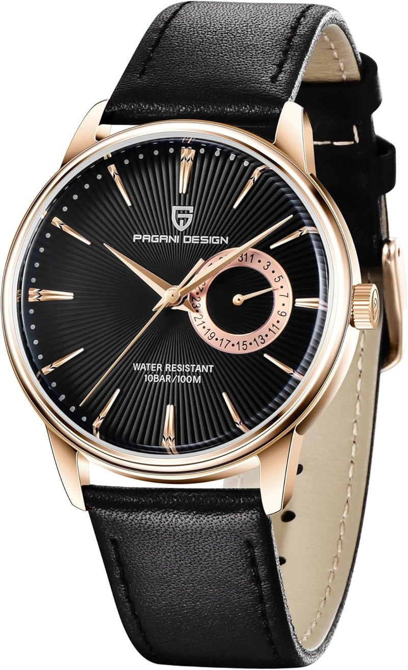 PAGANI DESIGN ساعة كواتز للرجال بتصميم باغاني، تصميم بسيط مع حزام جلد، مقاومة للماء حتى 100م، عرض التاريخ، حركة يابانية (ذهبي أسود) - Image 1